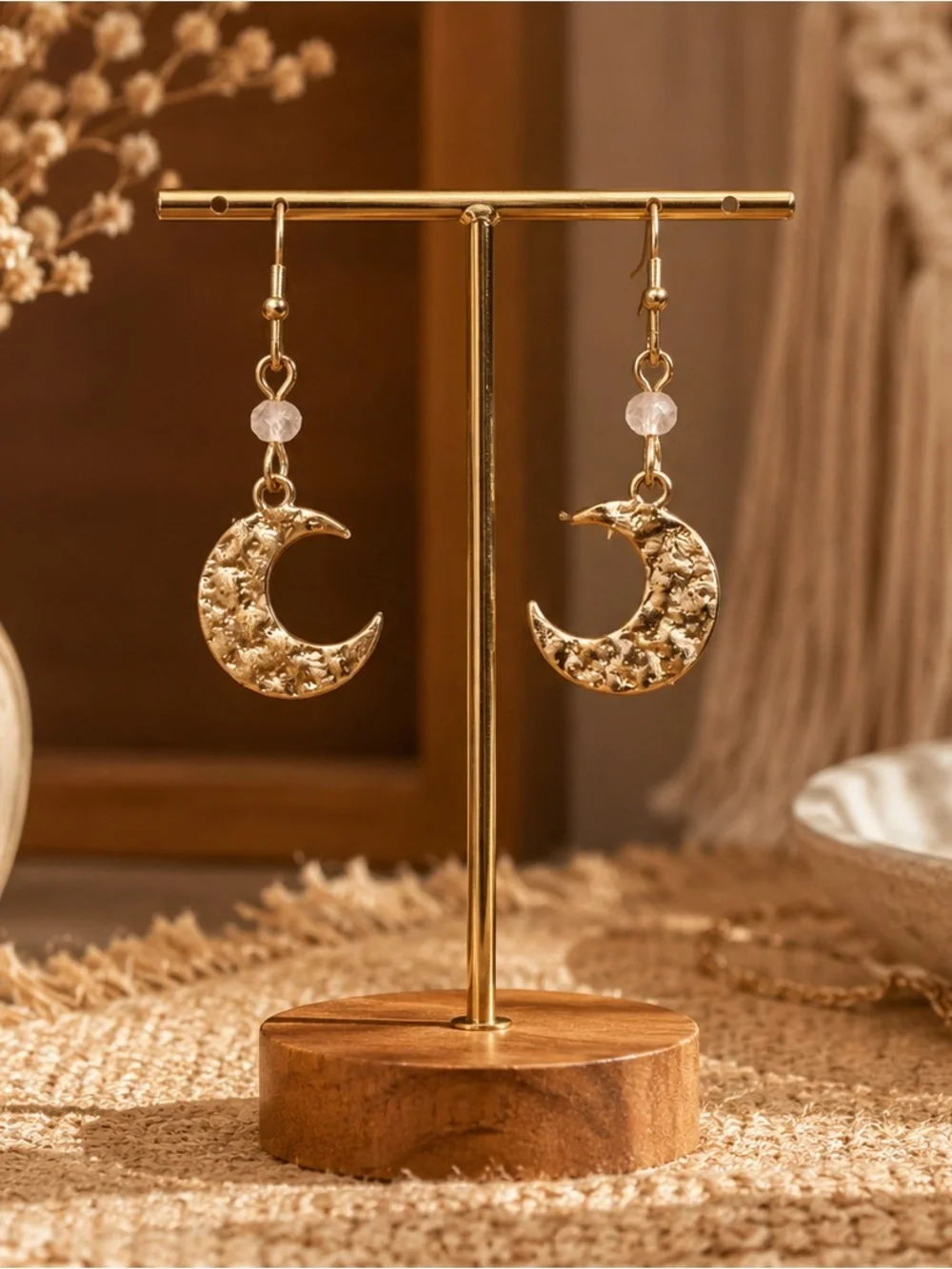 5 for $25: Gold Textured Crescent Moon Drop Earrings with Bead Accent